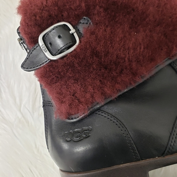 Ugg Inez Sherling Ankle Cuff Leather Boots in Black and Oxford Red Size 7 - Picture 7 of 14